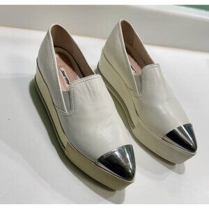 Miu Miu Platform Slip on Sneakers White Leather Silver Toe Cap